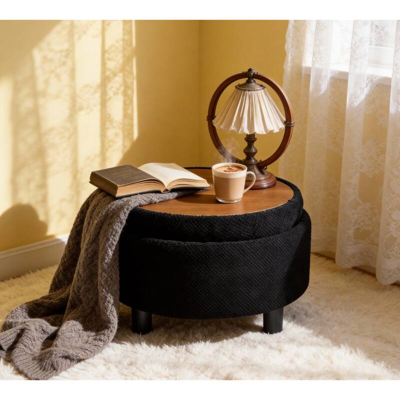 25"Round Storage Ottoman with Tray,ModernTufted Fabric Circle Coffee Table with Storage,Upholstered Ottoman with Removable Top