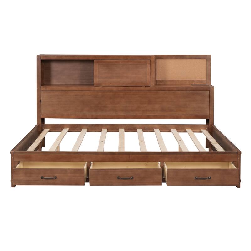 Full Size Wooden Daybed with 3 Storage Drawers,Upper Soft Board and USB Ports for Bedroom