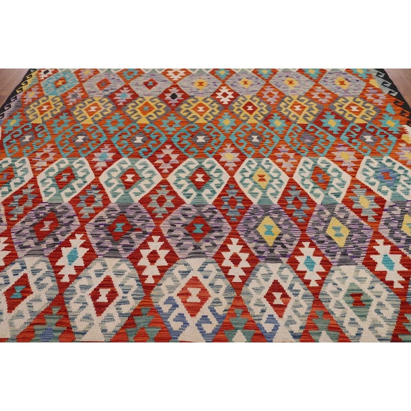 Reversible Kilim Area Rug Hand-Woven Geometric Oriental Wool Carpet - 8'1" x 9'9"