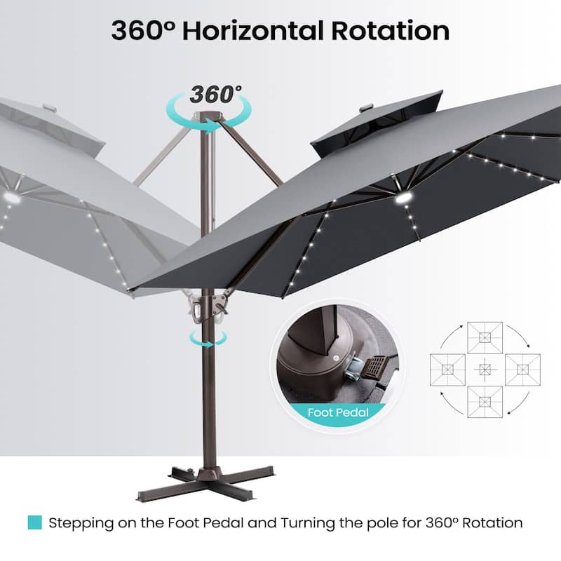 13 x 10 FT Solar Powered LED Light Patio Cantilever Umbrella Aluminum Pole with Base