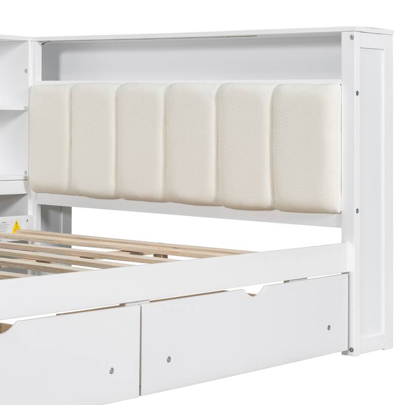 Full Size Platform Bed with Storage, Charging Station, LED, Desk, and Upholstered Headboard