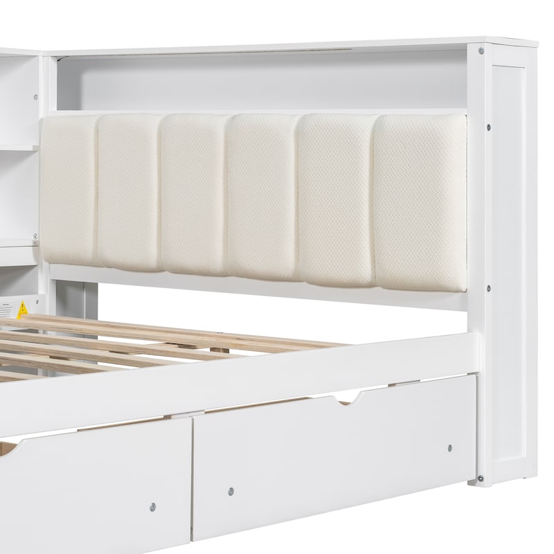 LED Platform Daybed, Wooden Sofa Bed Frame with Built In Desk, Charging Station, Upholstered Headboard, 2 Drawers and Shelves