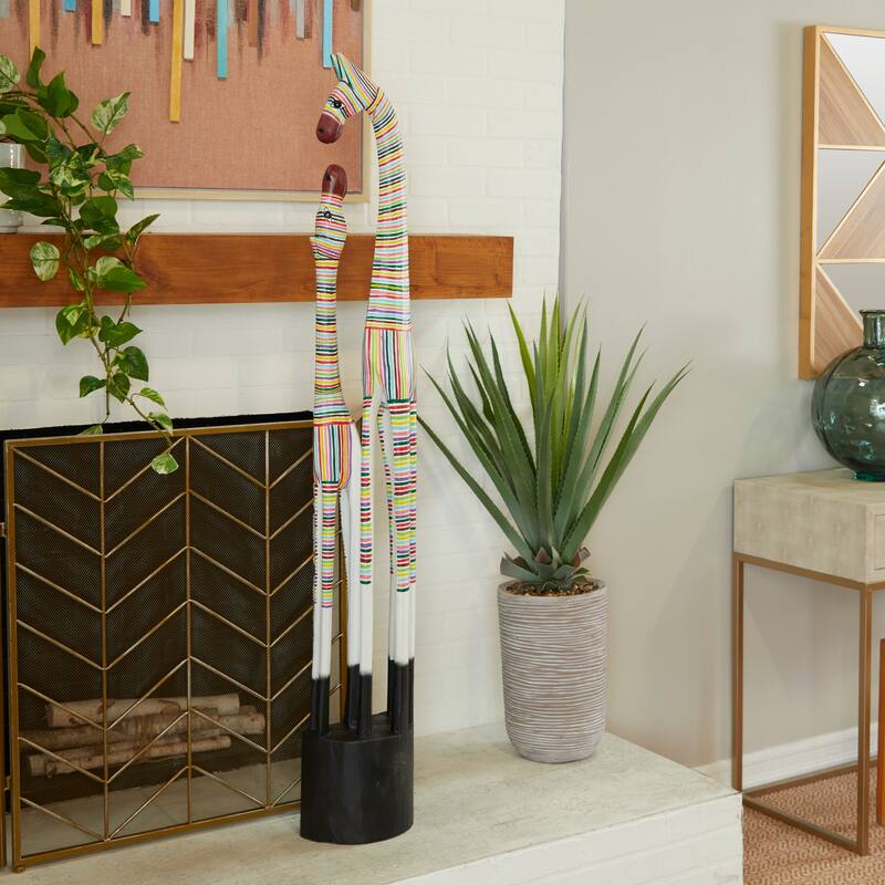 Vibrant Handmade Safari Animal Sculpture Collection - Wood or Metal Elephant & Giraffe for Indoor & Outdoor Decor - 58"H, 9"W-Giraffe-Multi Colored