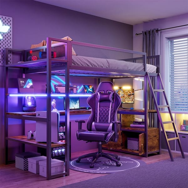slide 2 of 29, Twin Size Loft Bed with LED Light and Built-in Work Station, Metal Loft Bedframe w/ Storage Cabinet, Shelves & Charging Station Black