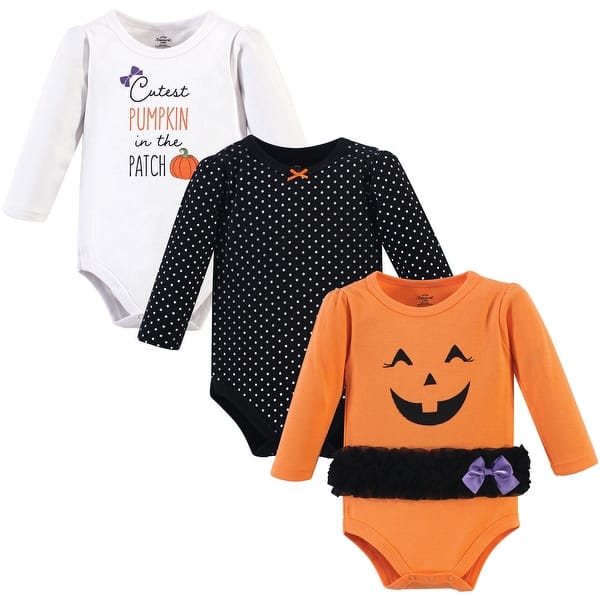 slide 1 of 1, Little Treasure Baby Girl Cotton Long-Sleeve Bodysuits 3pk, Cutest Pumpkin 0-3 Months - Cutest Pumpkin