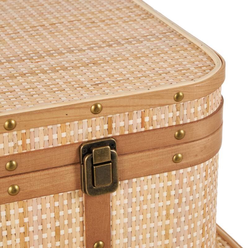Rattan Woven Decorative Trunk with Brass Metal Latches and Brown Wooden Accents - Set of 3 Light Brown - Roche River Decor