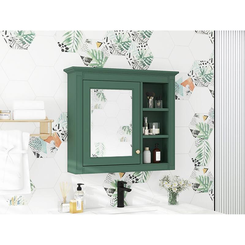 30'' x 28'' Wall Mounted Bathroom Storage Cabinet with Mirror,Modern Design,3 Open Shelves,and Concealed Storage - Green