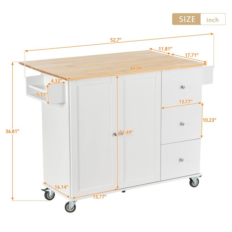 52.76'' Solid wood Kitchen Island with Locking Wheels, Drop Leaf, Adjustable Shelf and 3 Drawers - 52.76'' x 29.5'' x 36.81''