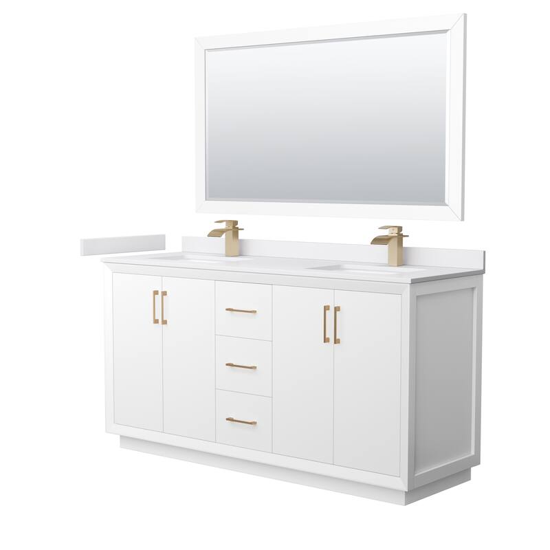 Strada 66-Inch Double Vanity Set, Cultured Marble Top, 58-Inch Mirror - White, Bronze Trim, White Cultured Marble Top