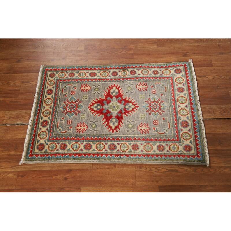 Geometric Kazak Oriental Foyer Rug Hand-Knotted Grey Wool Carpet - 2'0" x 3'0"
