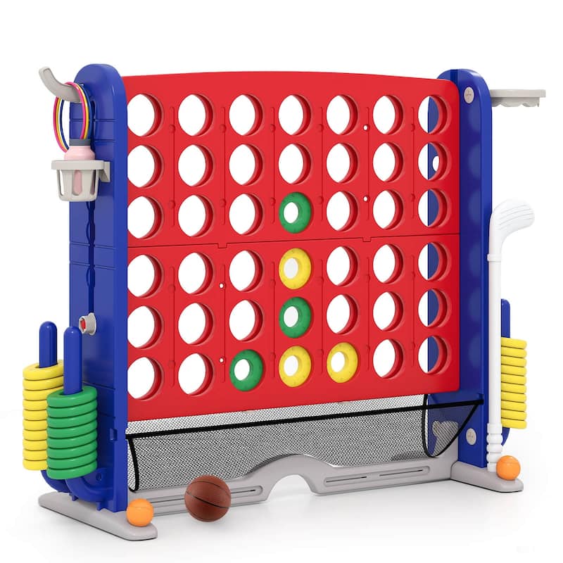 Costway Giant 4-in-a-Row Game Set with Ring-toss, Basketball Hoop, - See Details - Red & Navy
