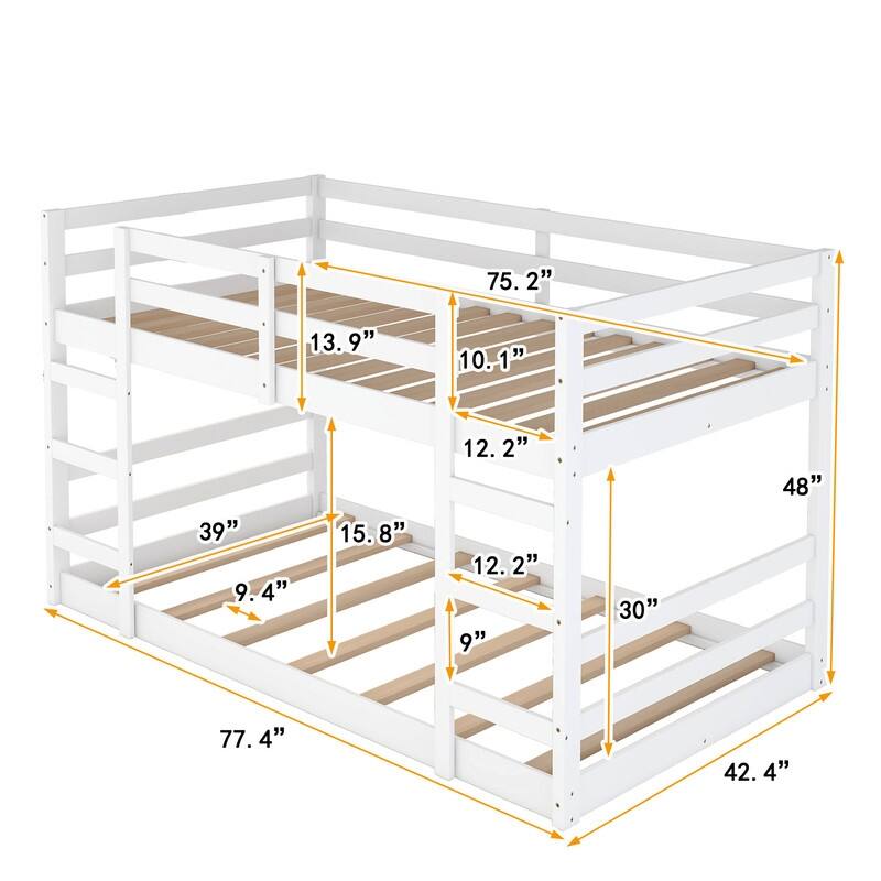 Solid Wood Kids Furniture Twin Over Twin Bunk Bed Kids Bed with Ladder and FullLength Guardrail