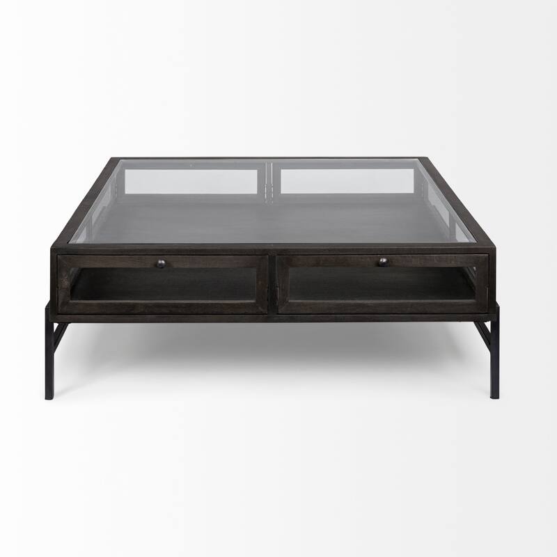 Arelius Light Brown Solid Wood w/ Black Iron Base Square Display Coffee Table