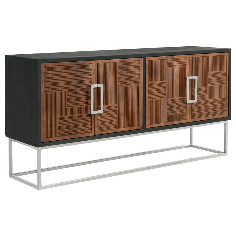 Manie 67 Inch Sideboard Cabinet Console, 4 Doors, Mango Wood, Walnut Brown - Brown, Black