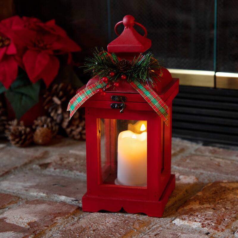 Alpine Corporation Metal and Glass Lantern with Warm LED Light Faux Candle - Red