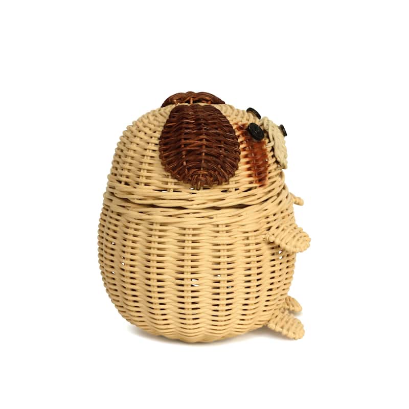 Dog Rattan Storage Basket with Lid Decorative Home Decor Hand Woven Shelf Organizer Cute Handmade Handcrafted Gift Artwork