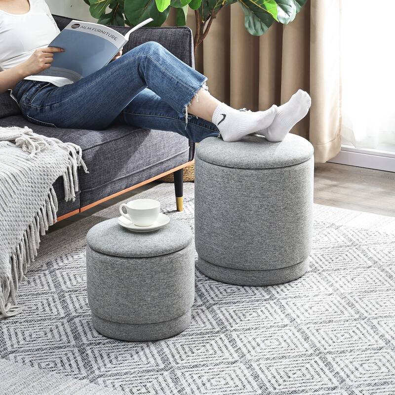 Adeco 2-Piece Round Fabric Storage Ottoman Set with Removable Lids