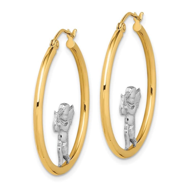 Curata 14k White Gold Rhodium 30.8x29.15mm Guardian Angel Hoop Earrings