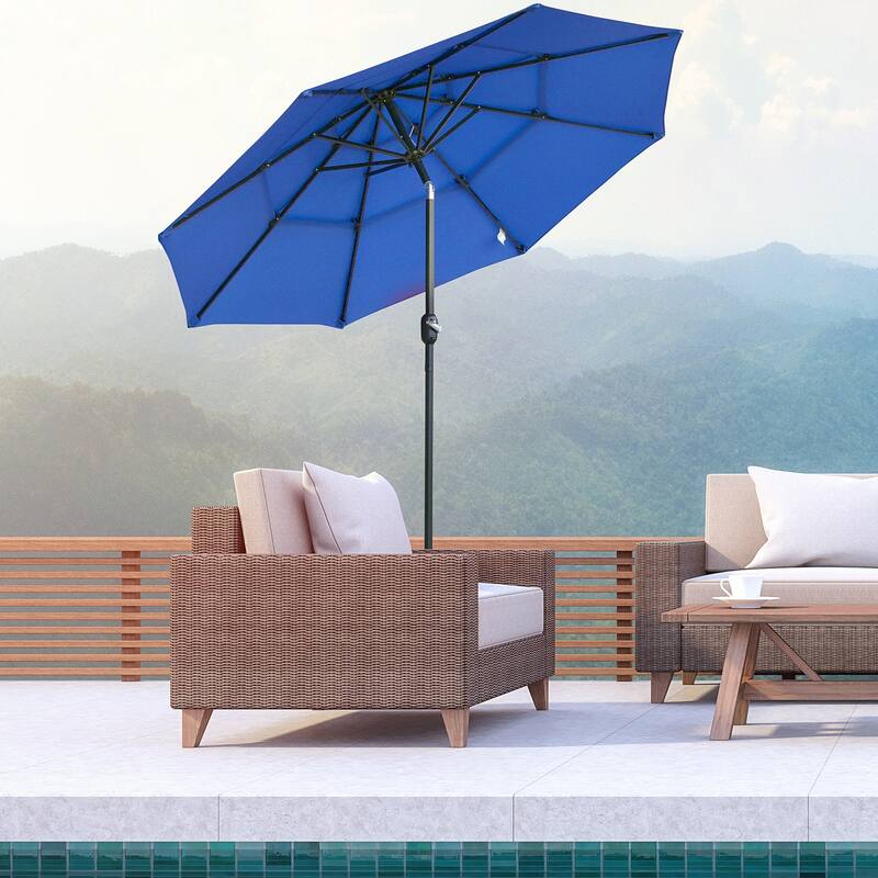 Outsunny 9FT 3 Tiers Patio Umbrella Outdoor Market Umbrella with Crank, Push Button Tilt for Deck, Backyard and Lawn - Dark Blue