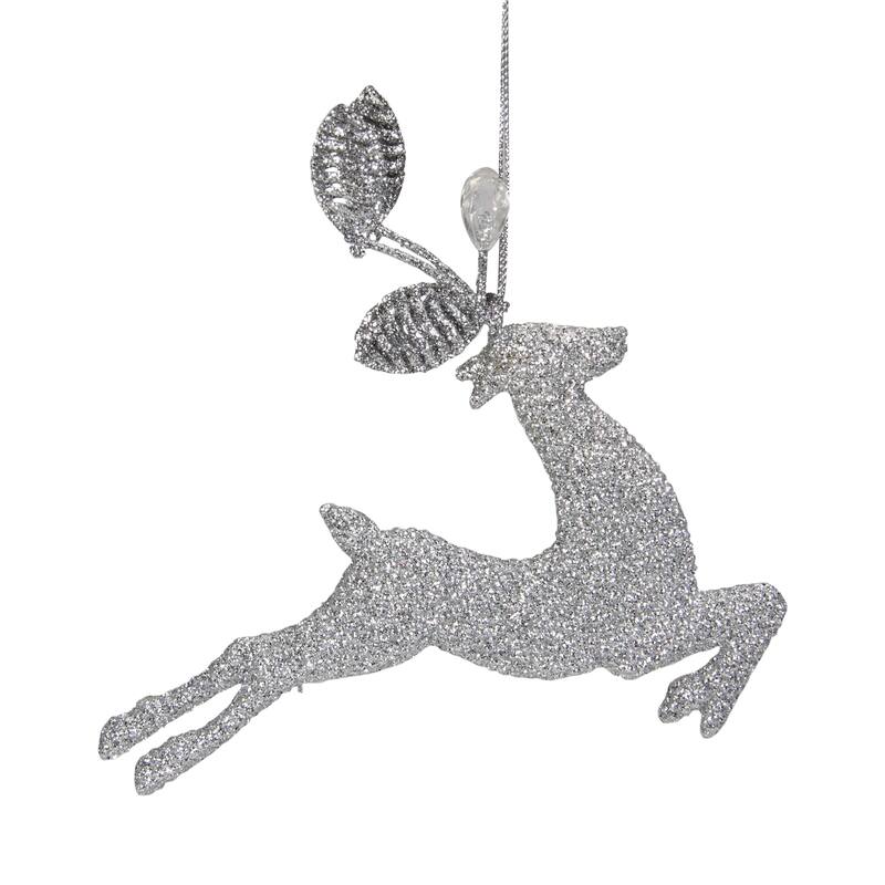 Leaping Glitter Drenched Reindeer with Faux Gem Christmas Ornament - 5.5" - Silver