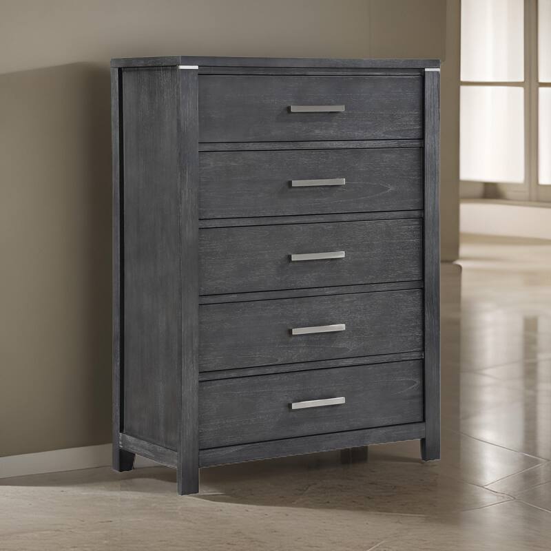 Tal 52 Inch Tall Dresser Chest, 5 Drawers, Chrome Handles, Charcoal Gray
