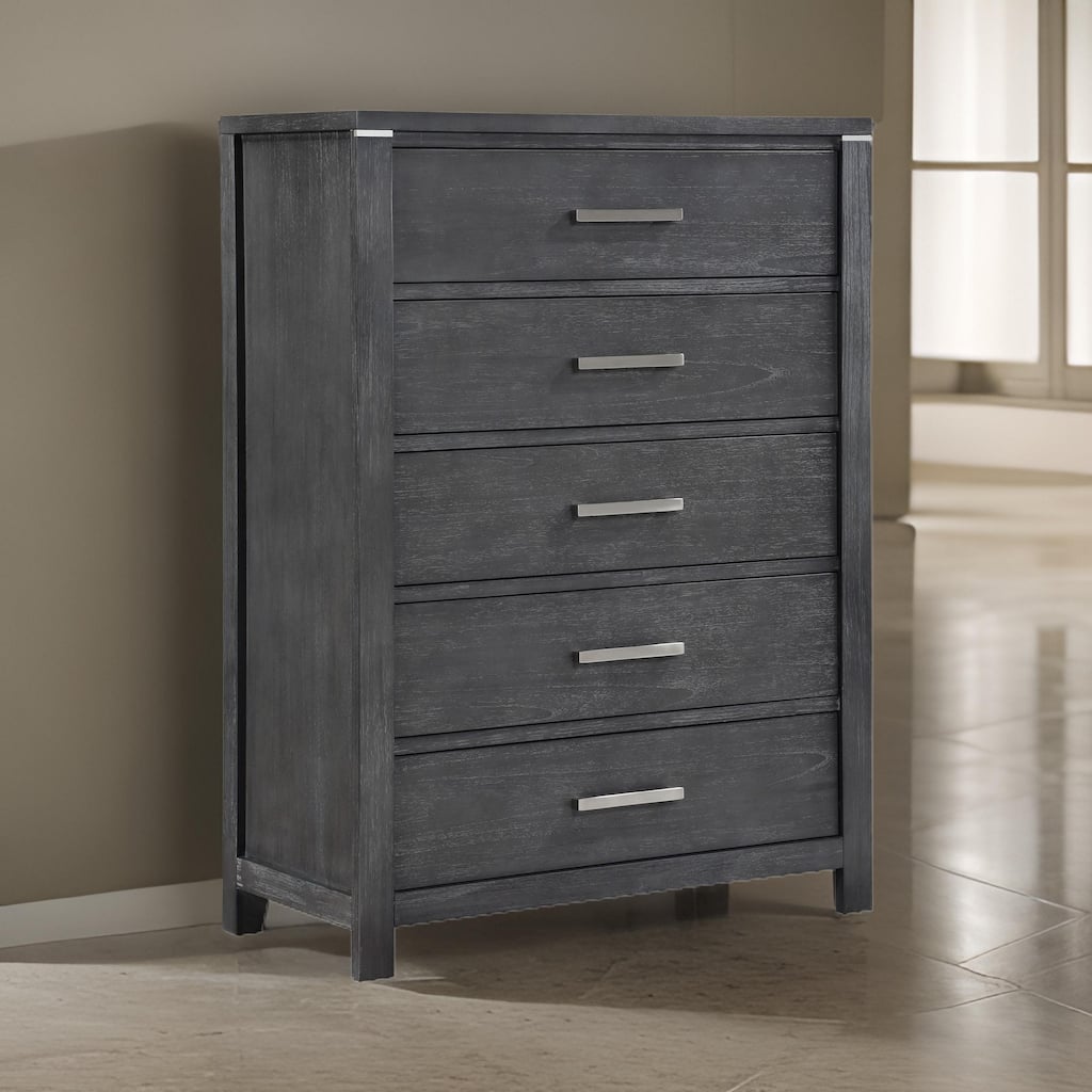Tal 52 Inch Tall Dresser Chest, 5 Drawers, Chrome Handles, Charcoal Gray