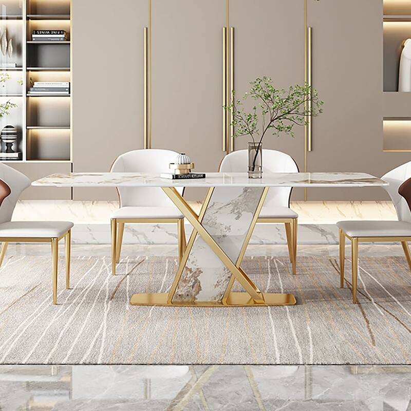 71" Rectangular Modern Dining Table, Glossy Stone tabletop, Luxury Kitchen Table for Dining Room, for 6