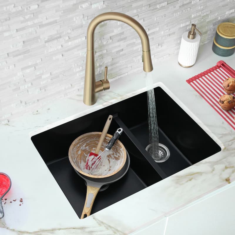 Dual mount 27" Composite Granite Double-Bowl Kitchen Sink S-827 - Black