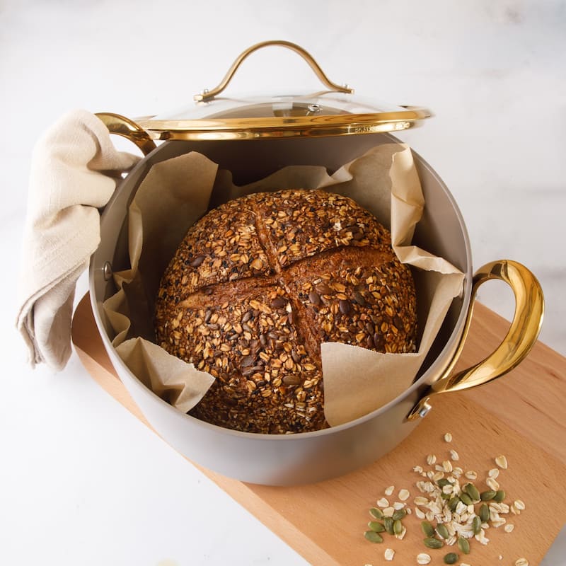 Bloomhouse Pots and Pans Heavy Duty Aluminum Premium PFA Free Ceramic Nonstick - Cappucino Cream with Gold Handle