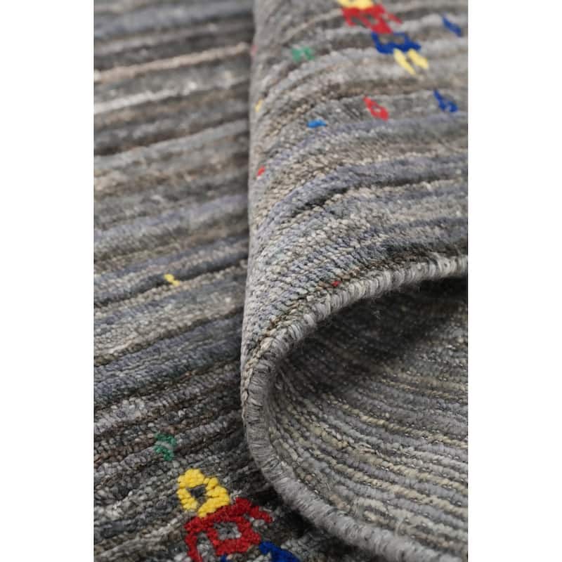 Hand Knotted Oriental Viscose Silk Carpet Tribal Animal Pictorial Greys & Charcoal Gabbeh Runner Rug - 8' 9'' X 2' 7''