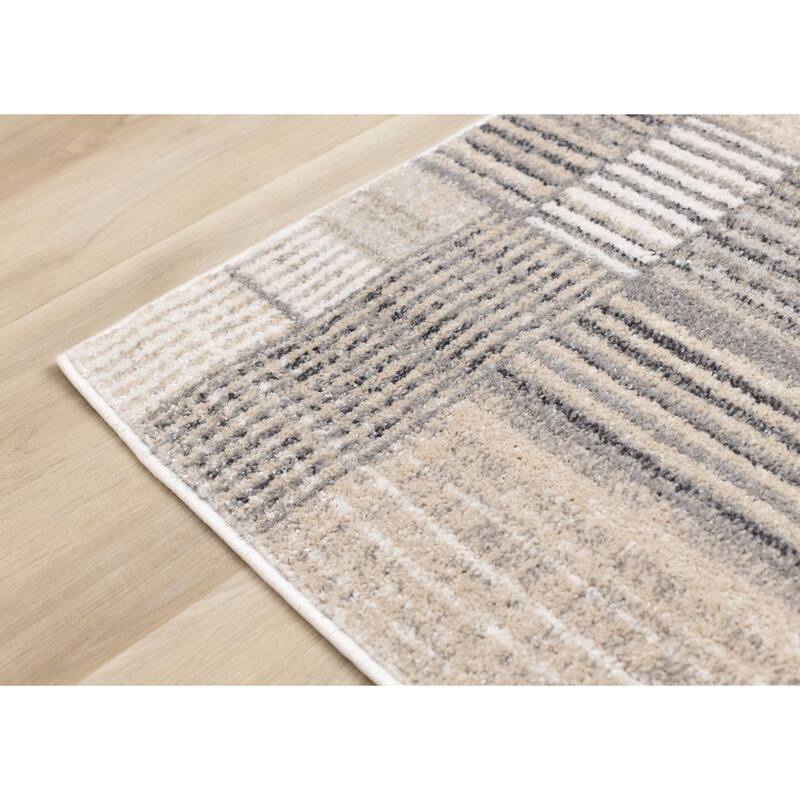 Solace Collection - Soft Low-Pile White Grey Striped Blocks Area Rug