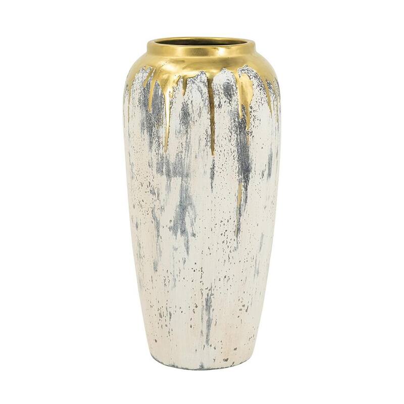 14" Gray Ivory And Gold Modern Abstract Ceramic Table Vase - 6.70