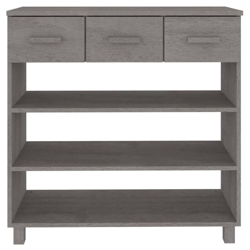 Boir Sofa Console Table, 3 Shelves, 3 Drawers, 35 Inch, Light Gray Wood