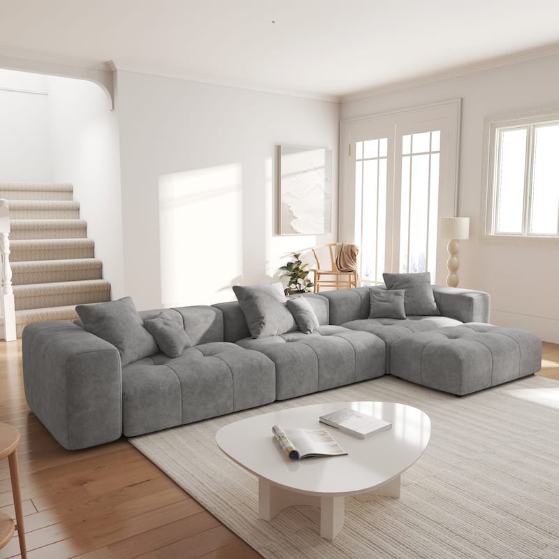 3-Seater Modular Sectional Couch with Ottoman Modern Linen Upholstered Sectional Sofa - Grey