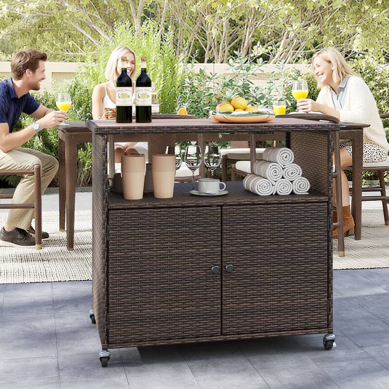 Gymax Outdoor Storage Cabinet w/Acacia Wood Top 2 Doors Buffet Cabinet
