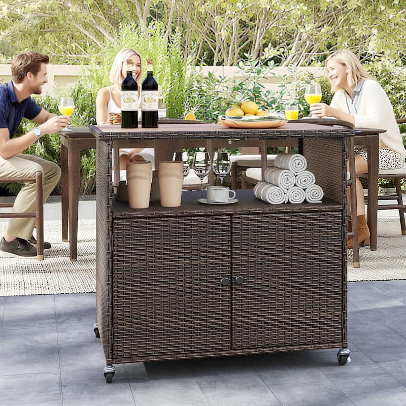 Mix Brown PE Rattan and Acacia Wood Outdoor Storage Cabinet with Wheels - 37.5" × 21" × 33.5"
