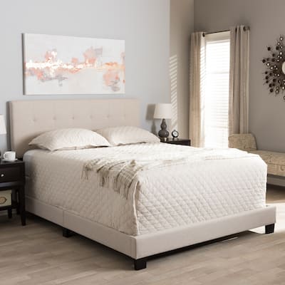 King Size Tufted Bed Frame - Rustic Beige Upholstered Panel Bed with Headboard & Legs