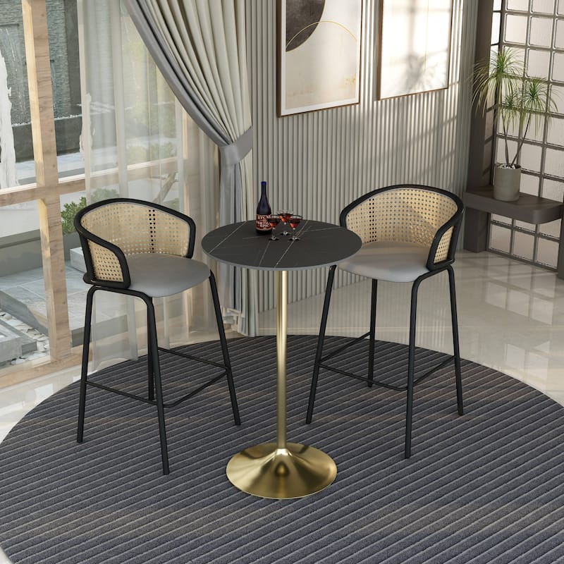 LeisureMod Verve 27" Bar Dining Table with Sintered Stone Round Top in Gold Steel, Gold Marbleized
