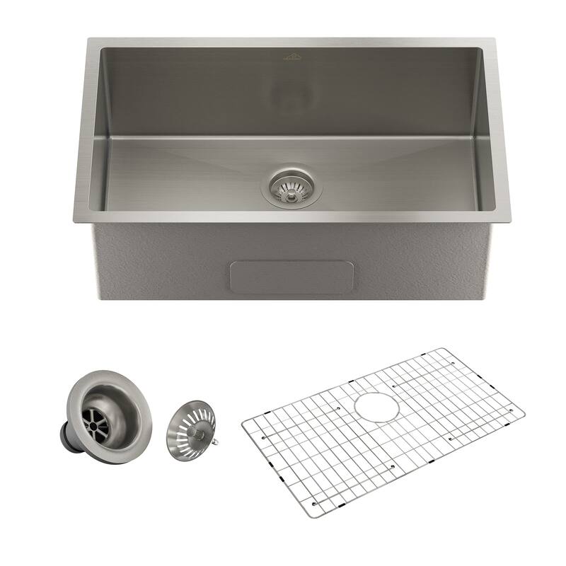 Stainless Steel Sink 16-Gauge Single Bowl Undermount Kitchen Sink in Brushed with Bottom Grid and Drainer - 32" x 19"