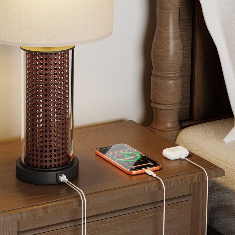 KAWOTI Modern Table Lamp with USB Charging Ports&AC Outlet, Glass&Rattan Design - W12" x H23.5" (Set of 2)