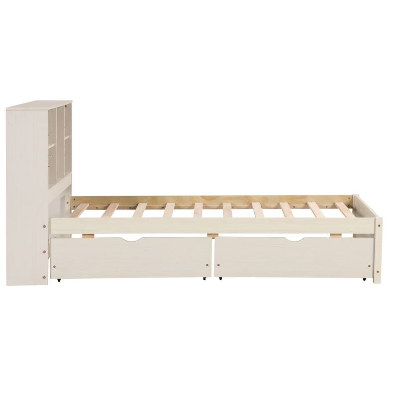 Modern Twin Size Bed Frame with USB Port, Bookcase Headboard & 2 Drawers in White Washed Finish