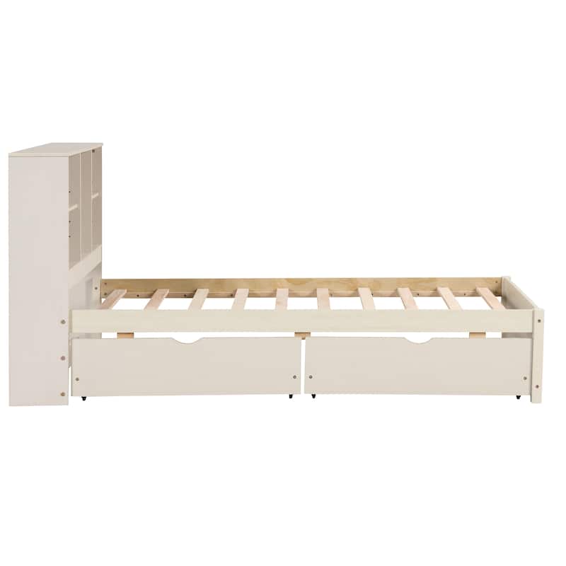 Modern Twin Size Bed with USB Port and Bookcase Headboard