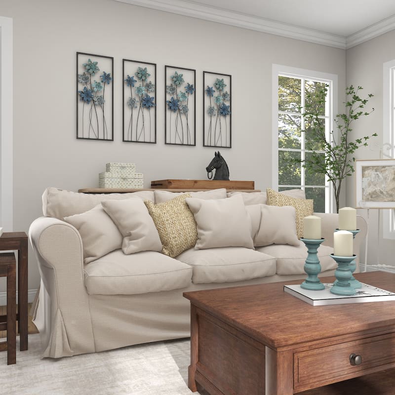 Teal Metal Floral Home Wall Decor with Black Frames and Gold Accents (Set of 2)