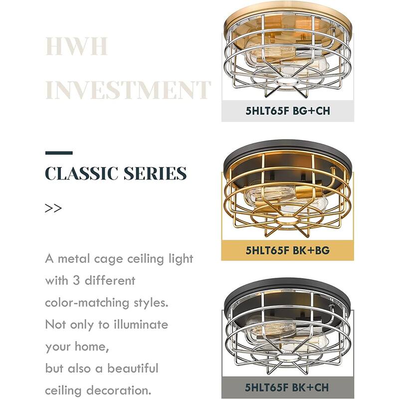 2-Light Flush Mount Ceiling Light, Metal Cage Ceiling Light, Industrial Light Fixture