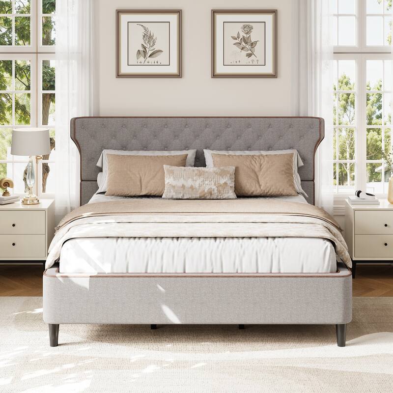 Christopher Knight Home - Aveline Modern Upholstered Platform Bed with Curved Back Headboard and Button Tufted Design