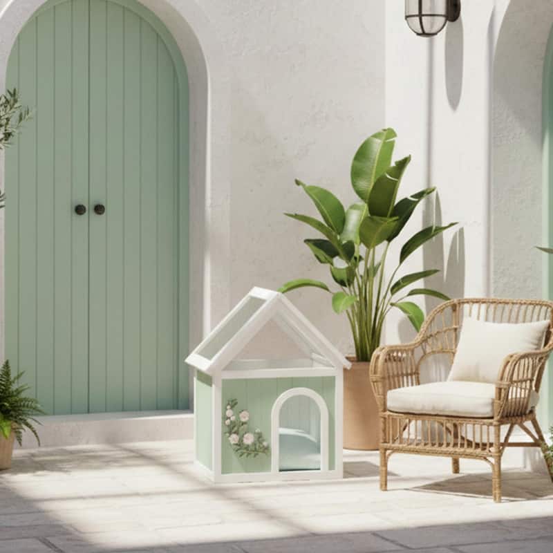 Transparent Roof Wooden Pet House with Floral Carvings FSC Cedar Indoor Shelter for Cats