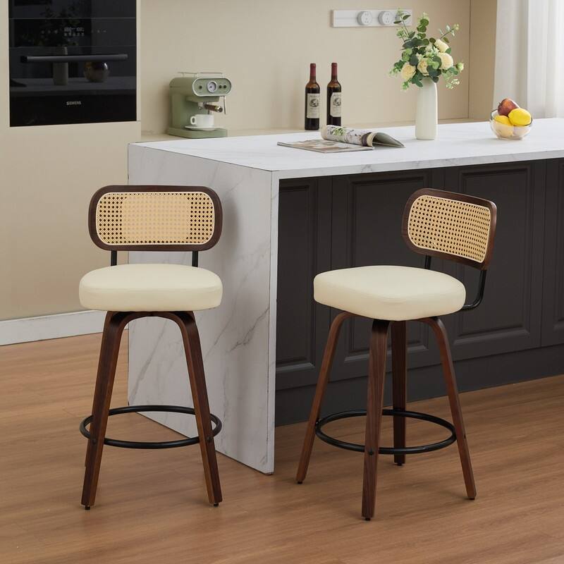 26" Swivel Rattan Bar Stools - Walnut Finish Counter Height Stools with Upholstered Seat