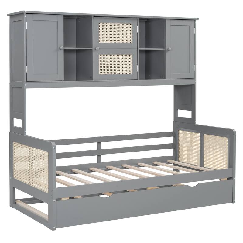 Twin Size Wooden Daybed with Twin Size Trundle, All-in-One Cabinet and Shelf, Modern Sofa Bed Frame w/ Wood Slat Support