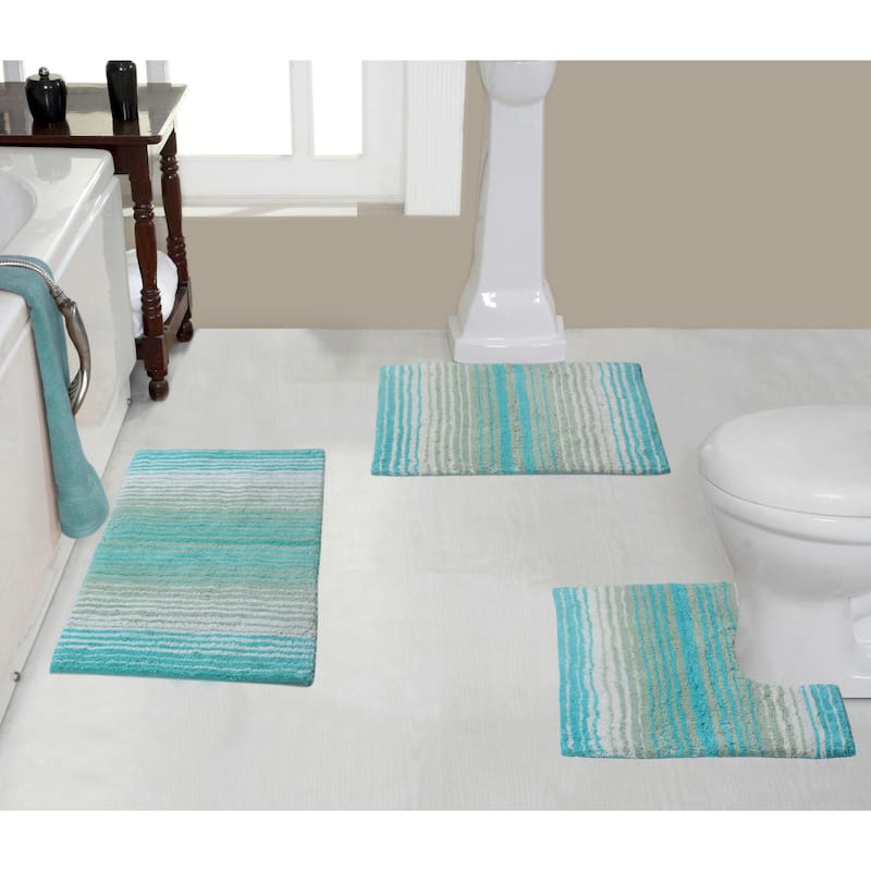 Gradiation Rug Collection 100% Cotton Non-Slip Bath Rug Set, 3 Piece Machine Washable- Bathroom Rug, Bath Rug, U Shaped Contour - Turquoise