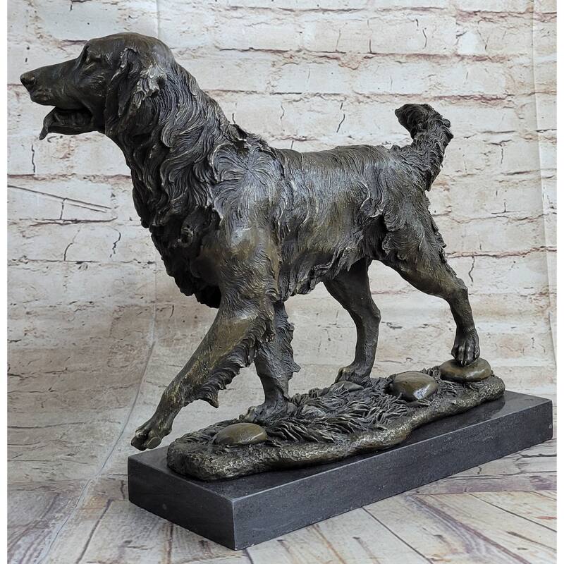Golden Retriever Dog Bronze Statue Sculpture Figure On Marble Base Signed Art